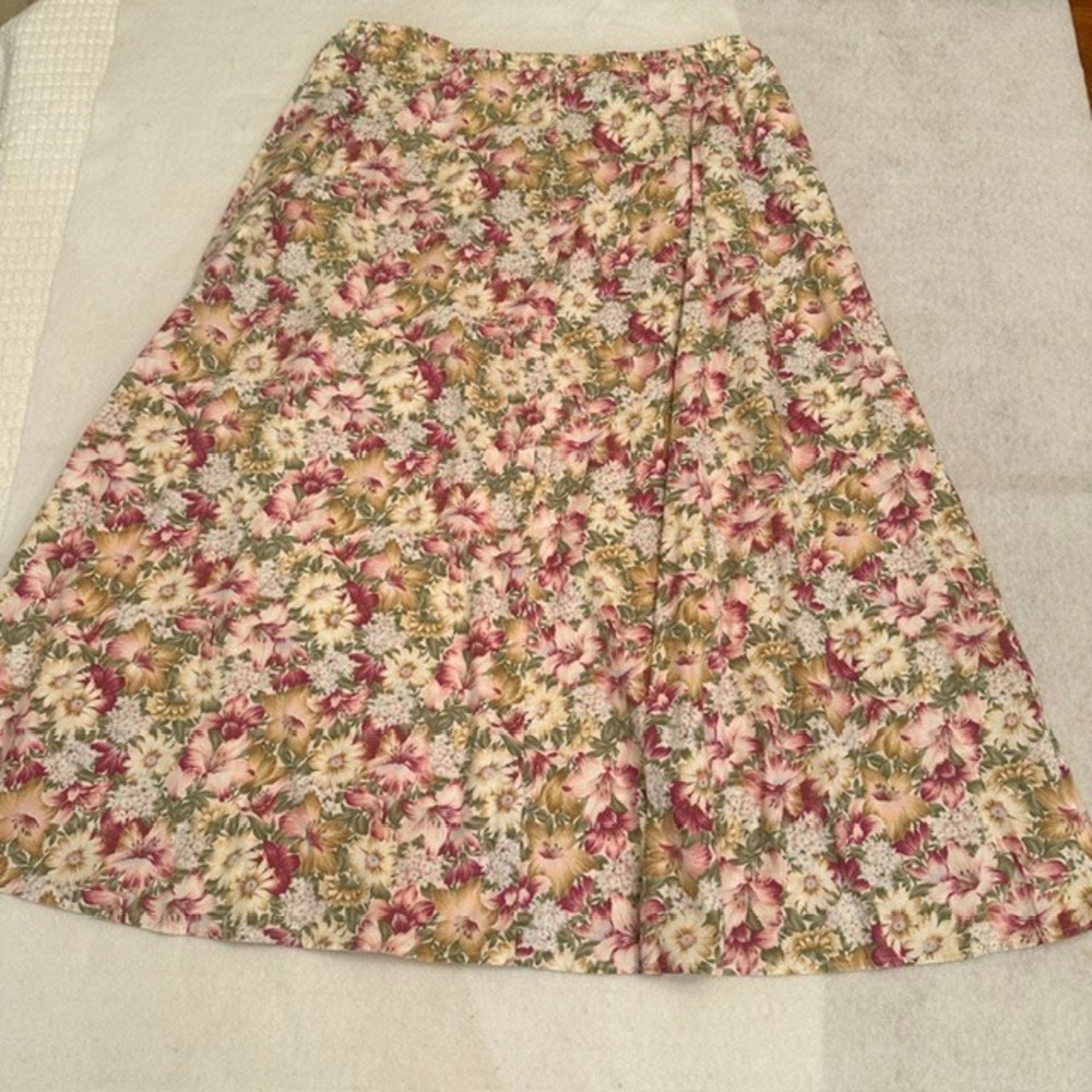 Vintage Floral A Line Midi Skirt Multicolor Elastic Waist Cottagecore Boho L